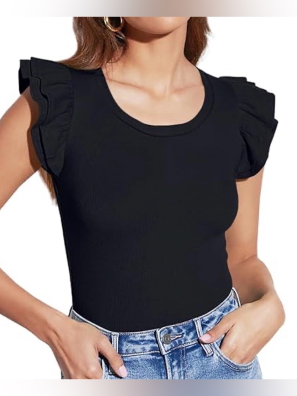 Old Navy Black Ruffled Cap-Sleeve Ribbed Tank, Xl